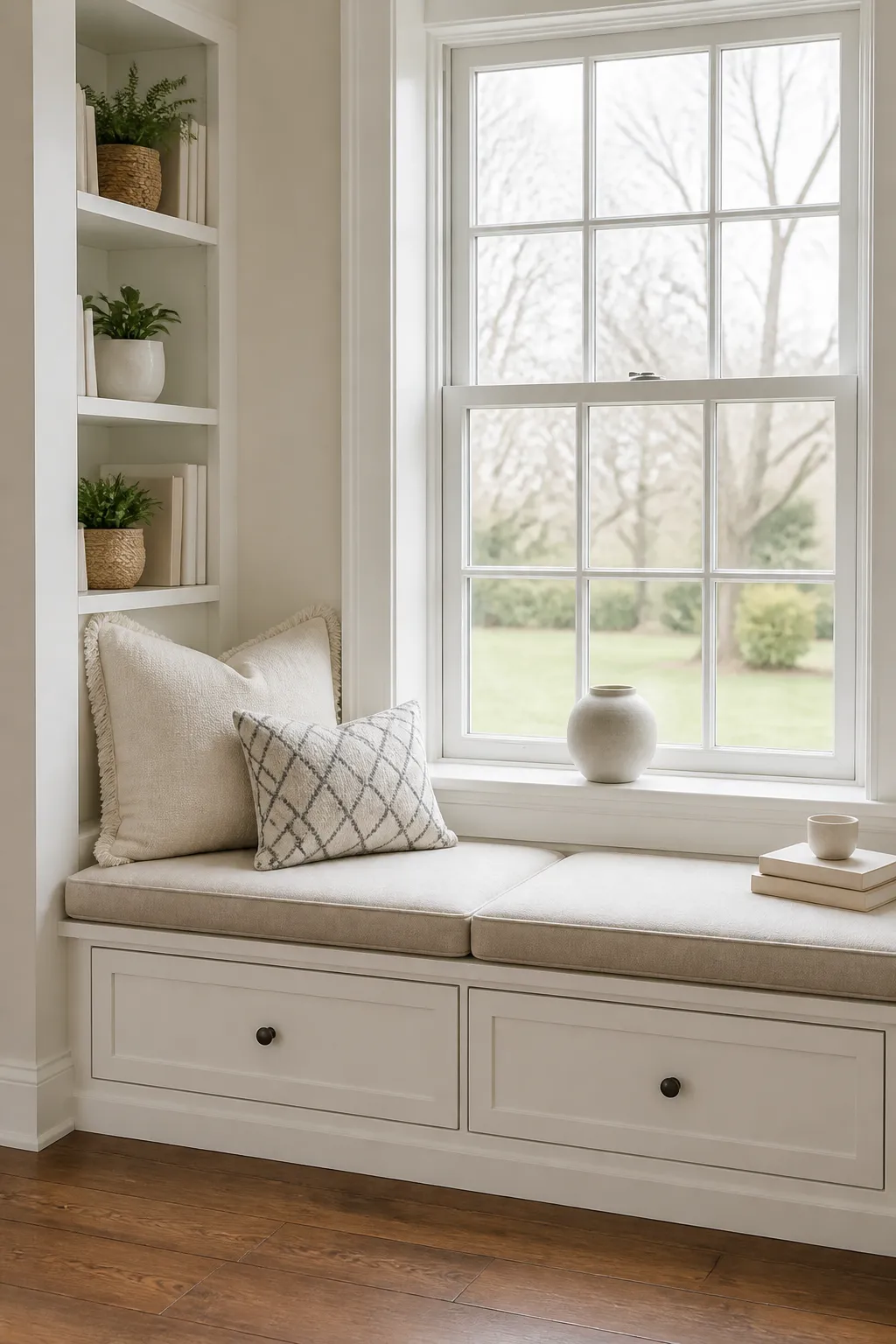 Bright built-in window bench with concealed storage beneath the seat