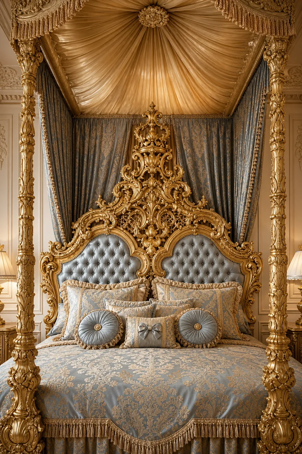 Baroque gold canopy bed draped with rich royal blue silk