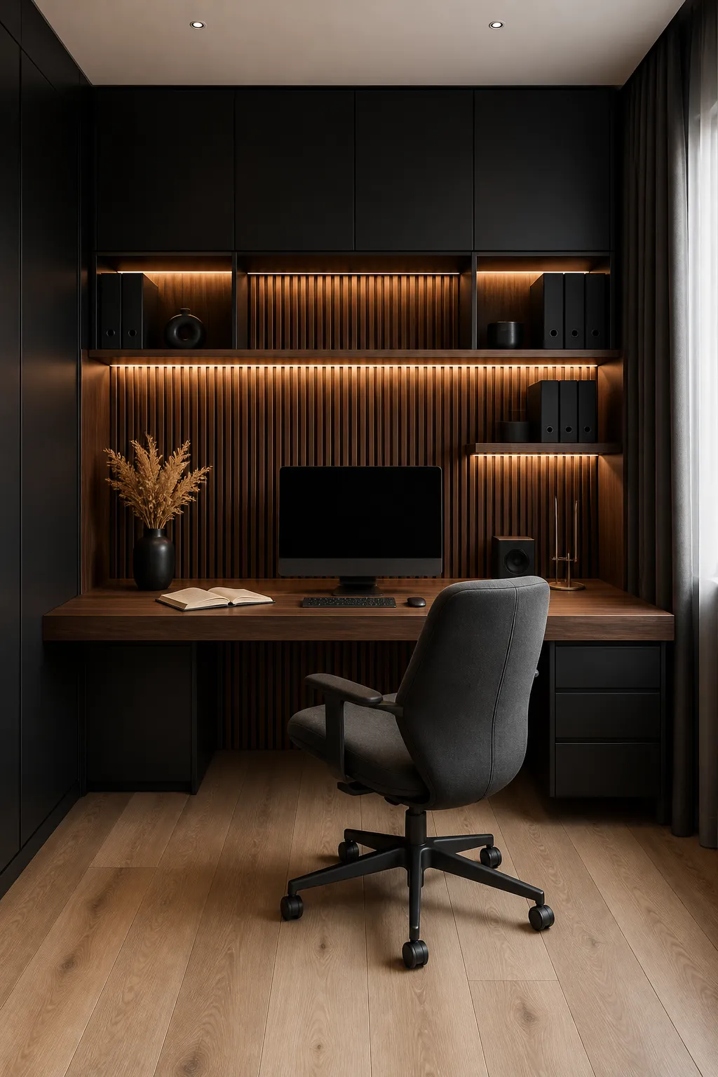 Compact office wall finished with dark wood slat paneling behind the desk