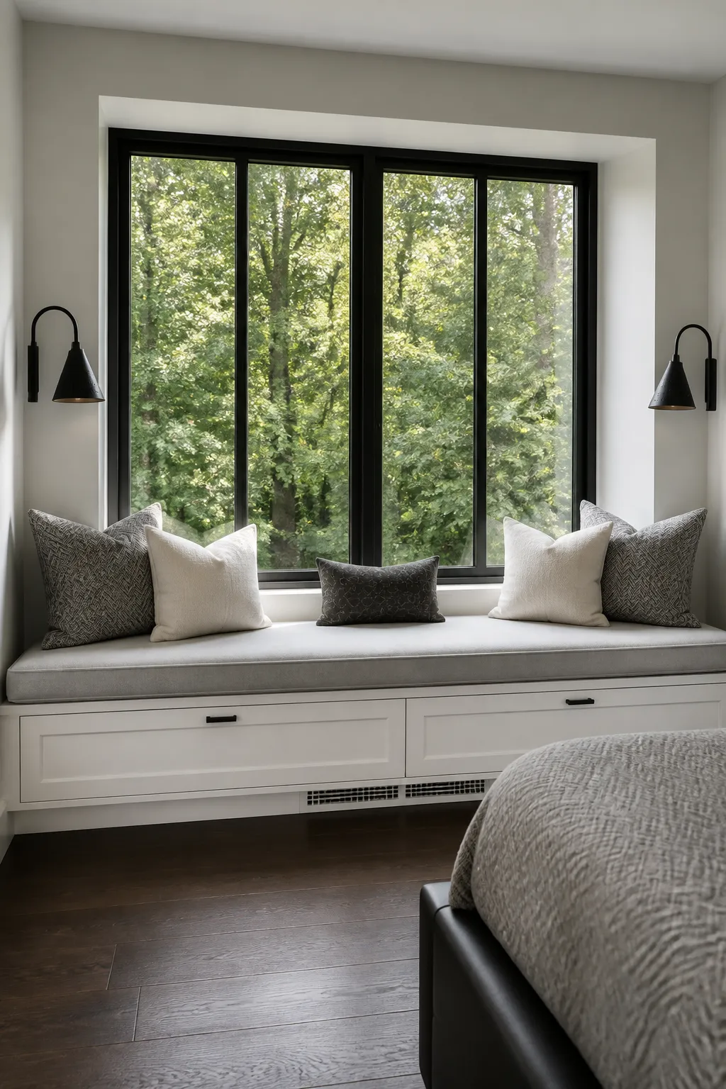 Peaceful bedroom window nook framed by bold black window trim