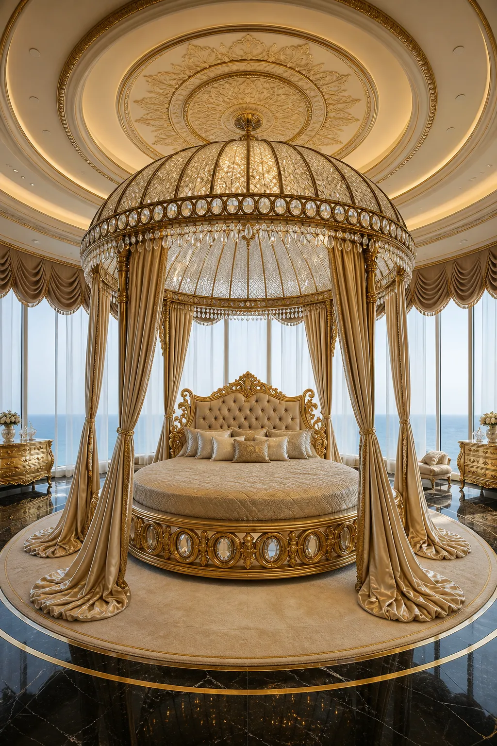 Round gold canopy bed serving as the centerpiece of an airy coastal suite