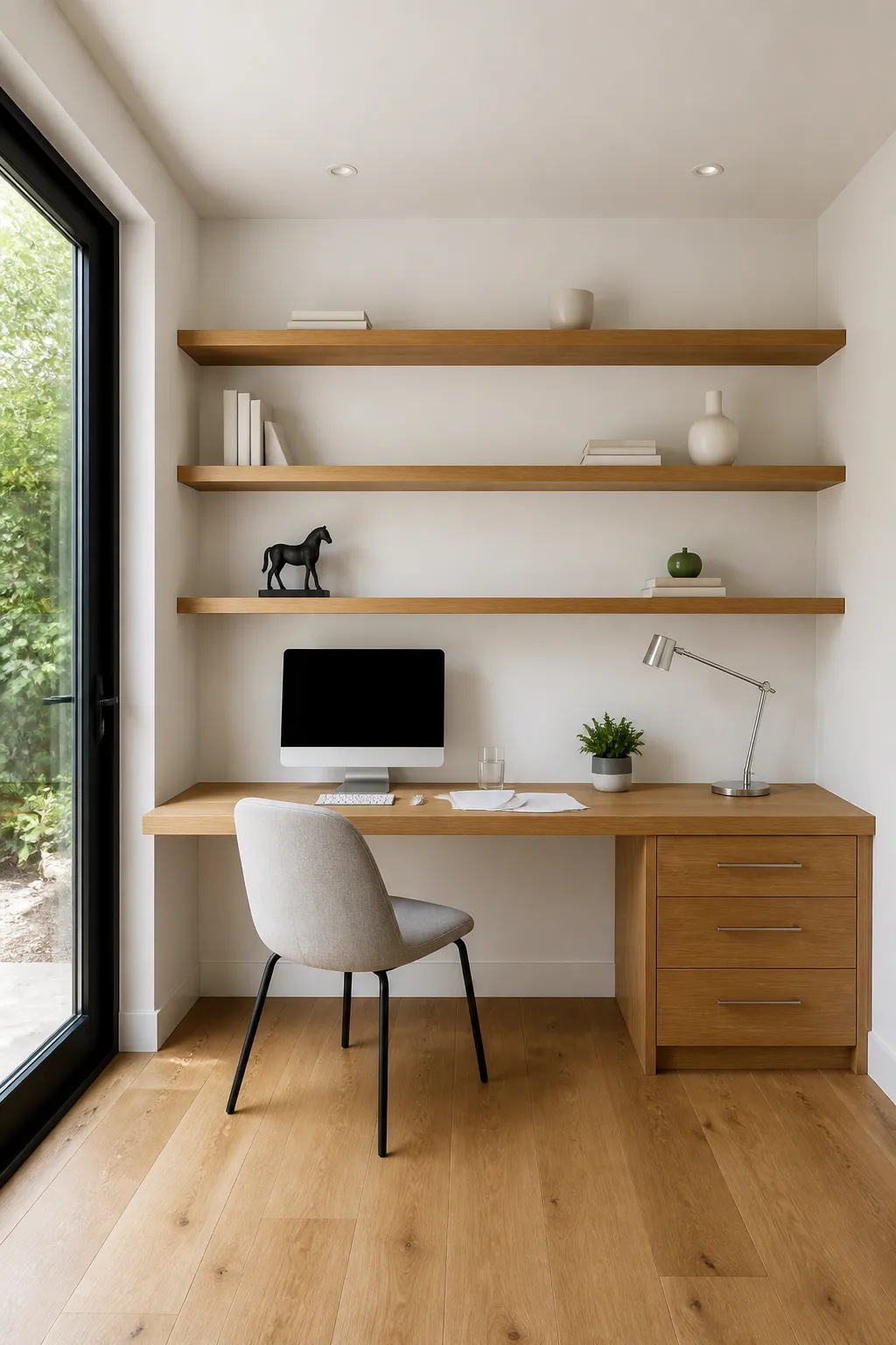 Compact desk wall with slim floating shelves and light decor