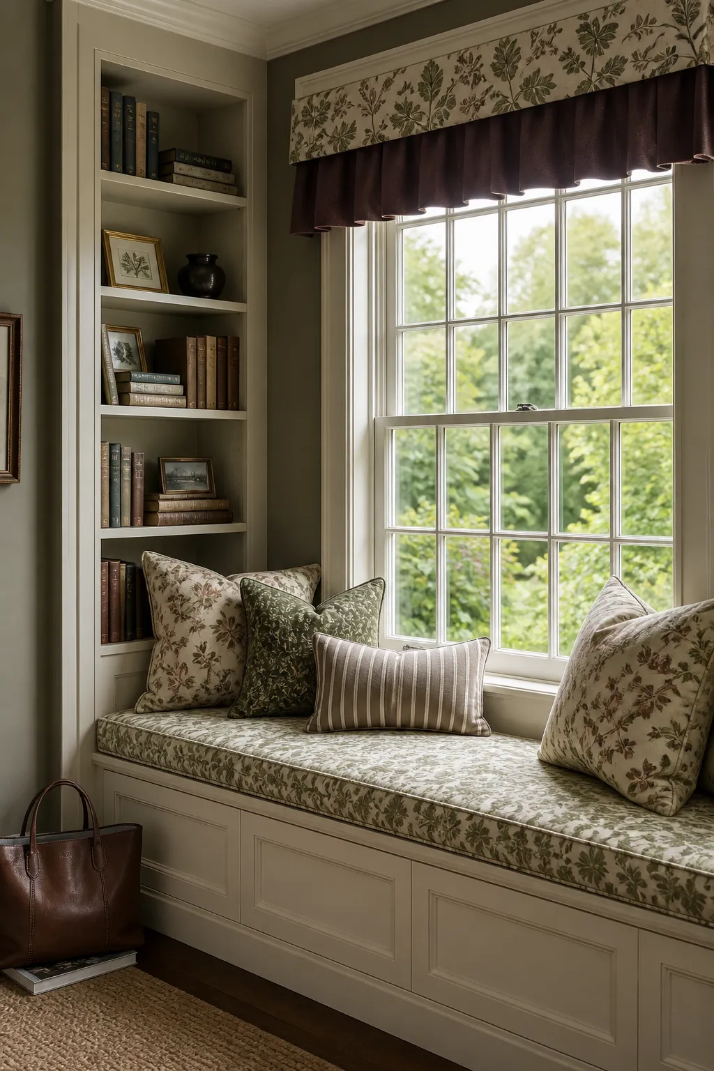 Traditional window seat surrounded by classic built-in cabinets and detailed millwork