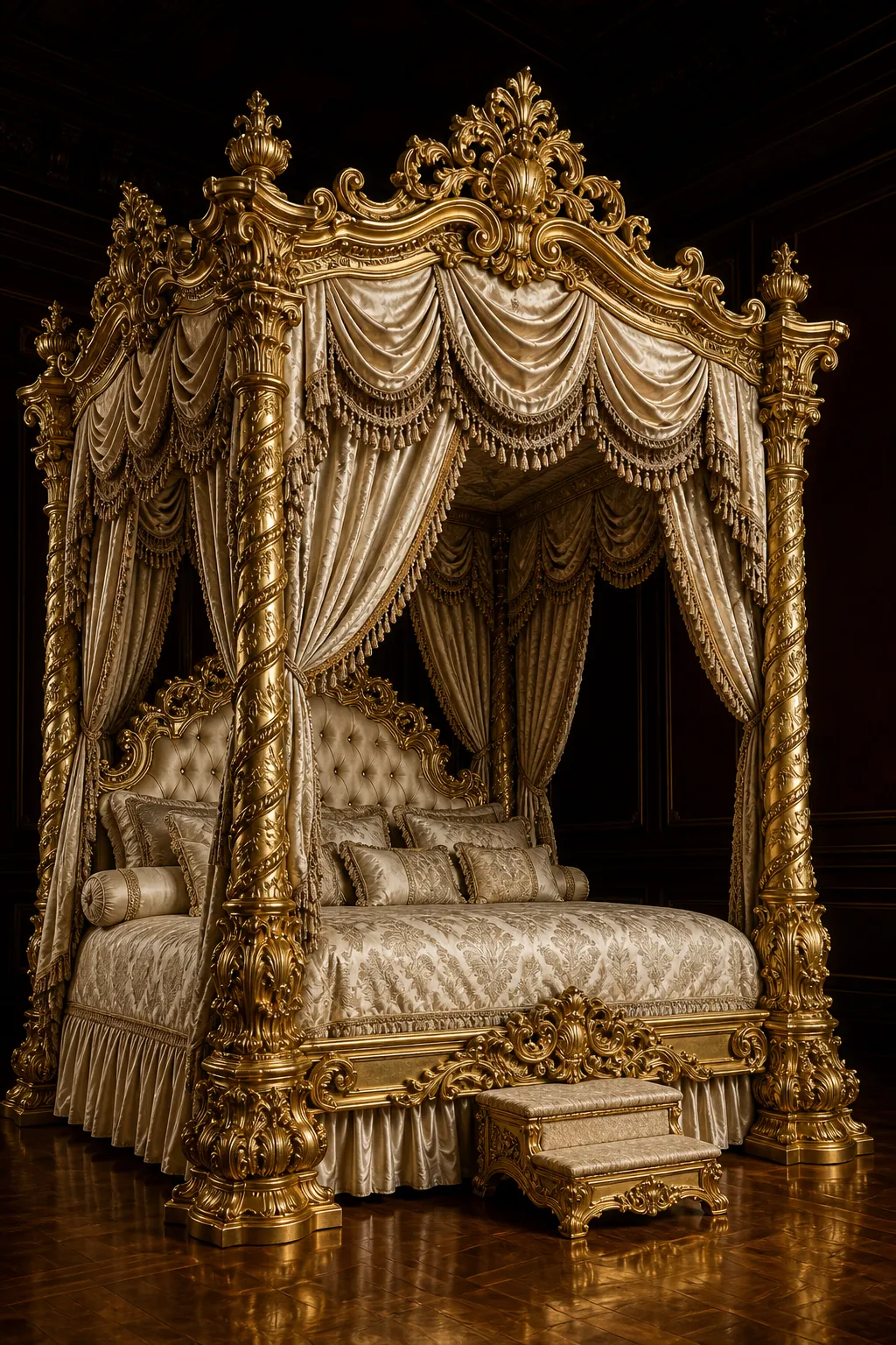 Ornate Rococo gold bed framed by dark royal drapes in a dramatic bedroom