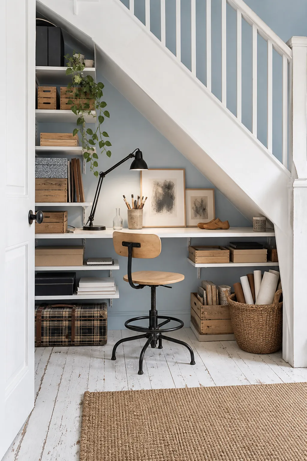Built-in home office fitted neatly beneath a staircase