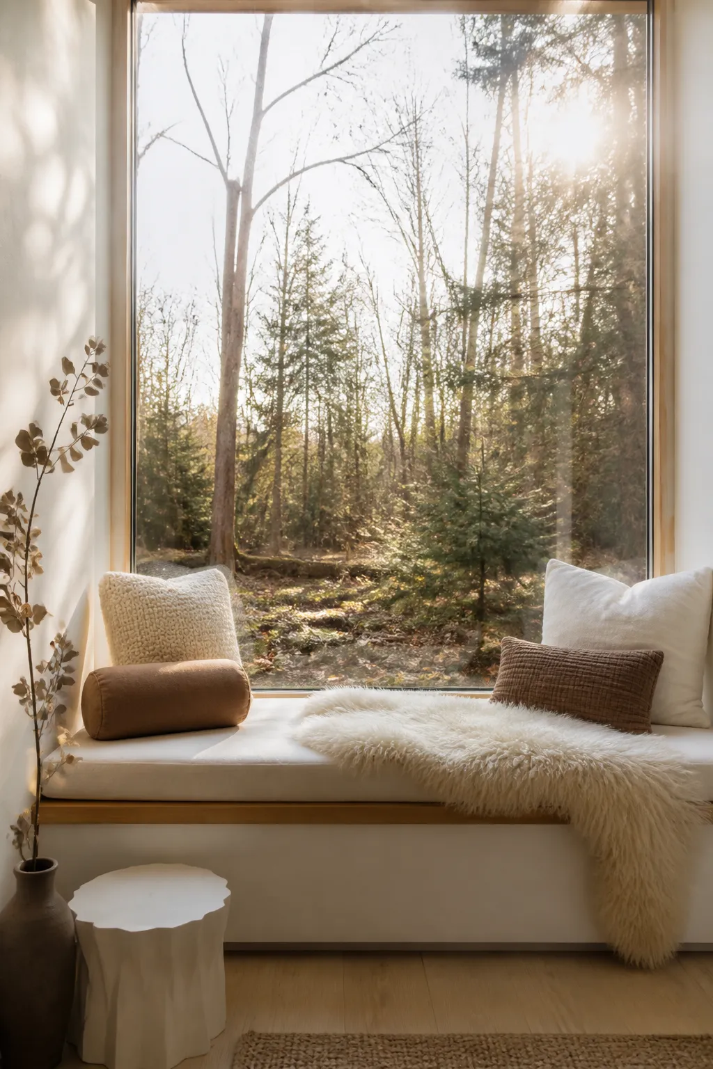 Minimal window seat overlooking a peaceful green forest