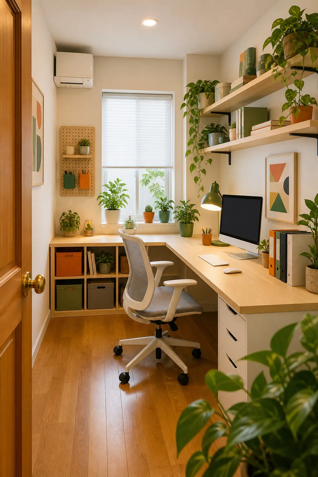 Colorful L-shaped desk extending across two walls in a compact office
