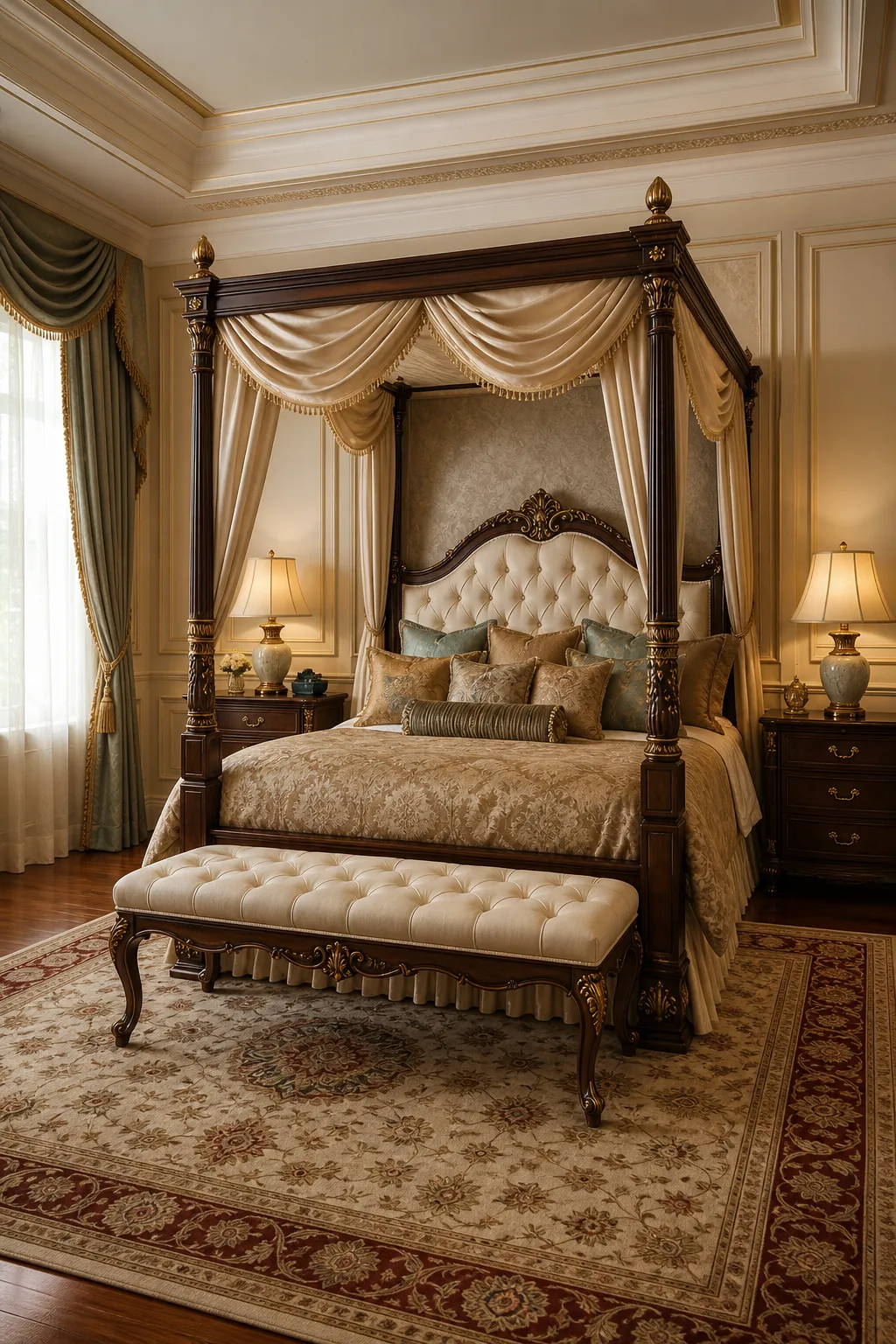 Traditional gold canopy bed dressed with flowing champagne-colored curtains