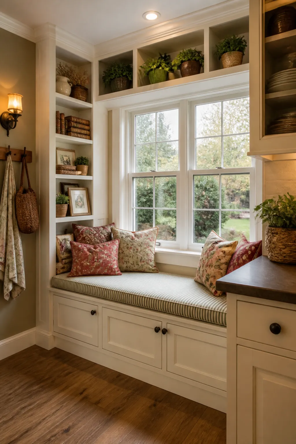Cozy cottage kitchen with a built-in storage bench beside the window