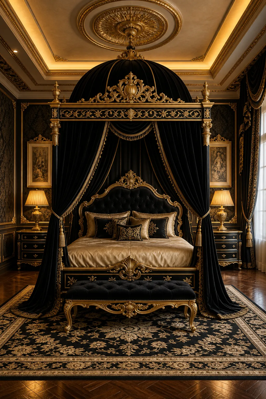 Opulent bedroom with coordinated black furnishings and polished gold accents