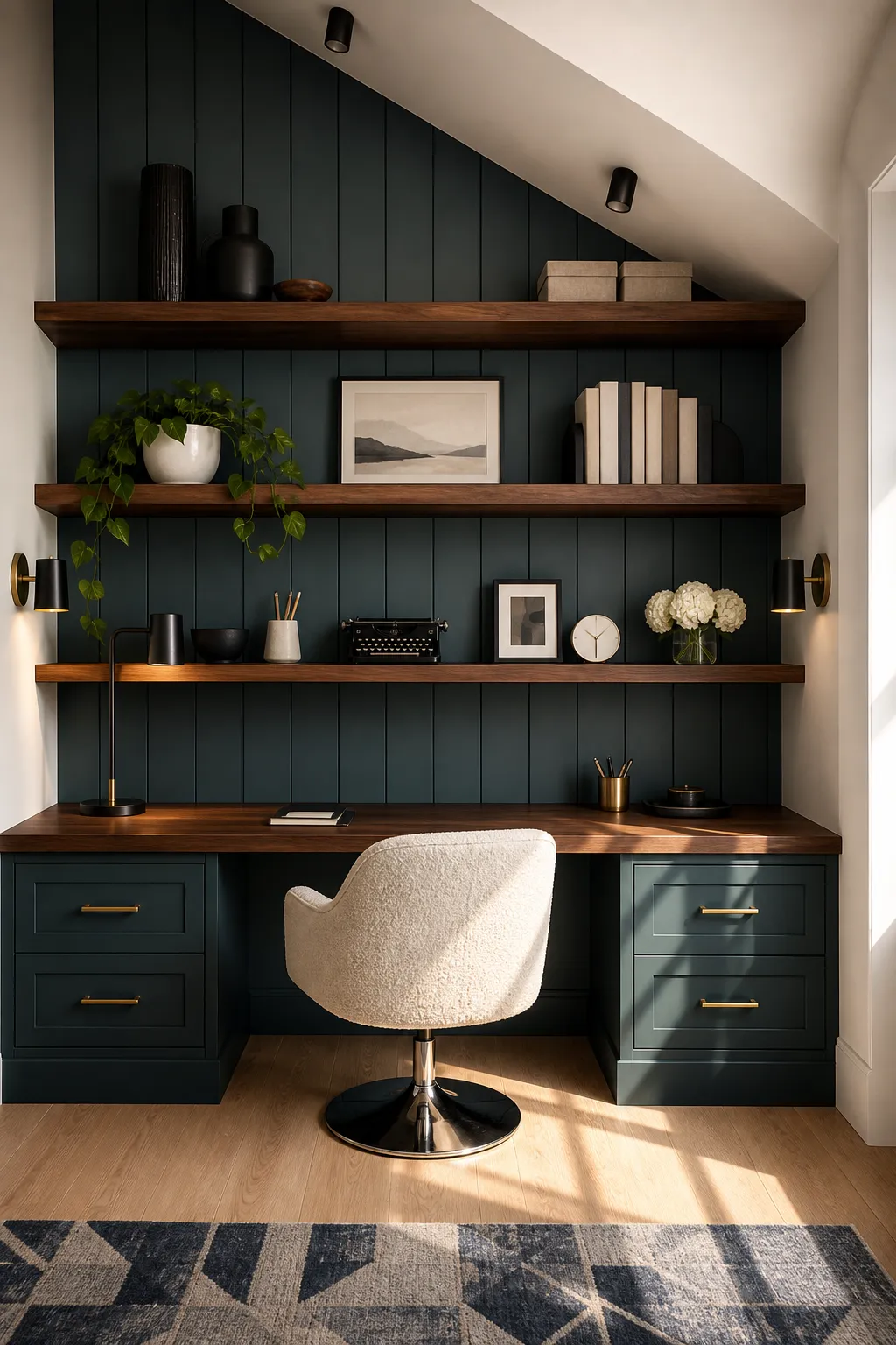 Compact home office built-ins painted in a rich teal finish