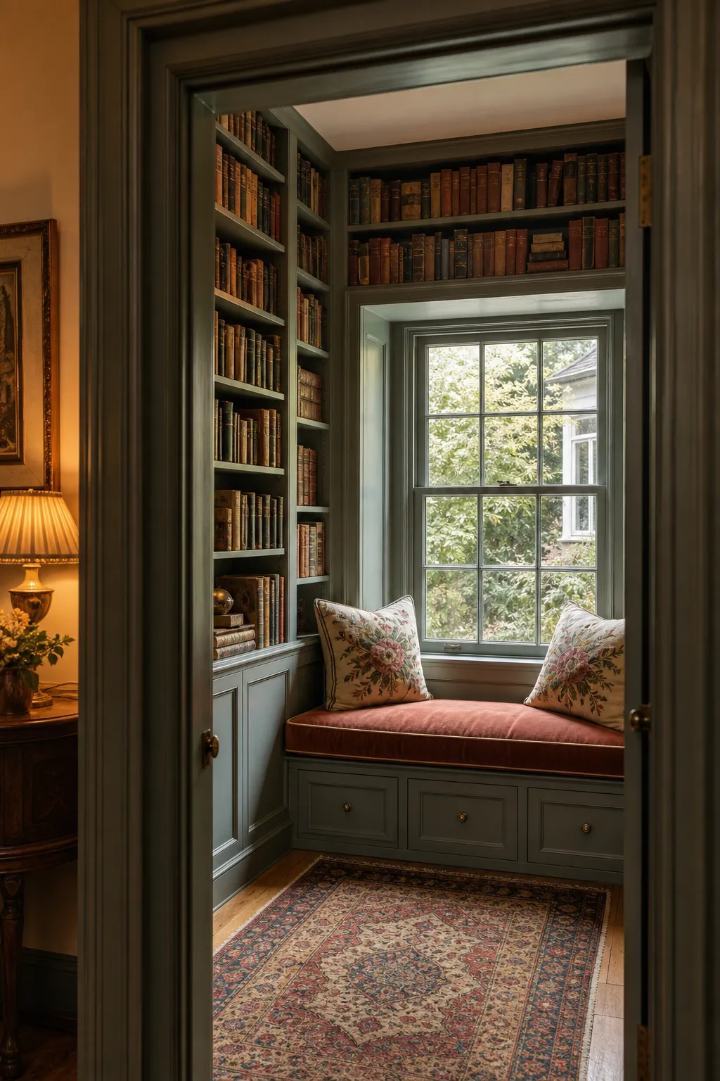 Vintage home library with a cozy window-side reading alcove