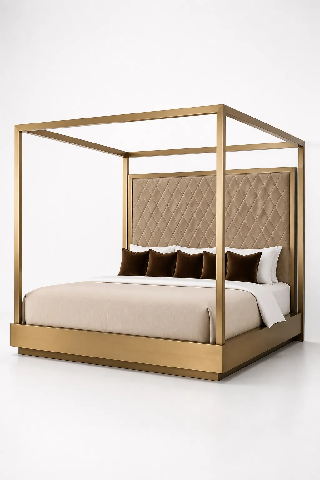 Modern bedroom featuring a streamlined brass canopy bed