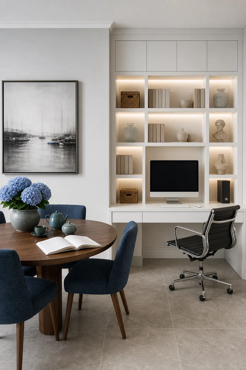 Bright built-in desk integrated beside a dining nook