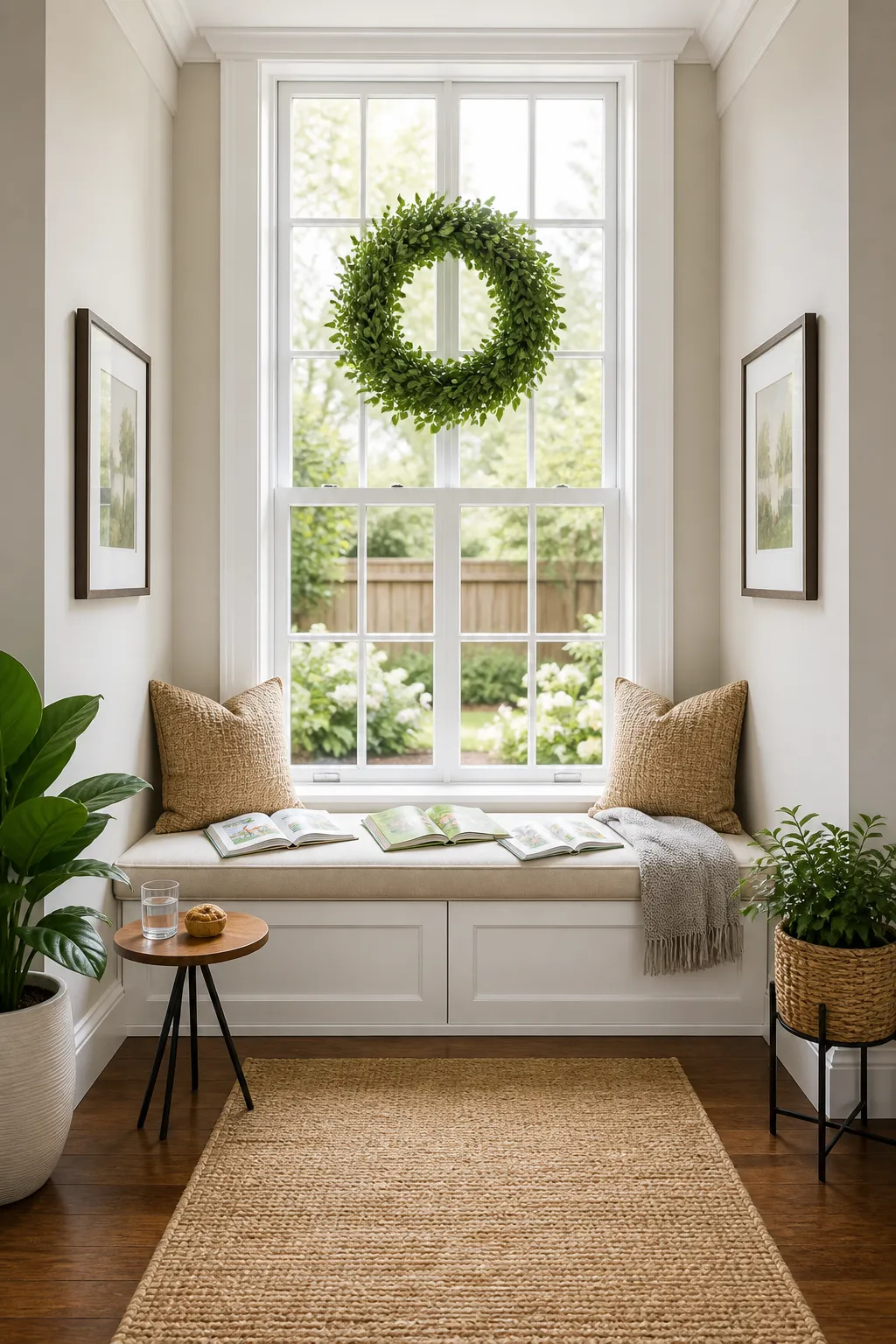 Bright family reading nook with a wide cushioned window bench