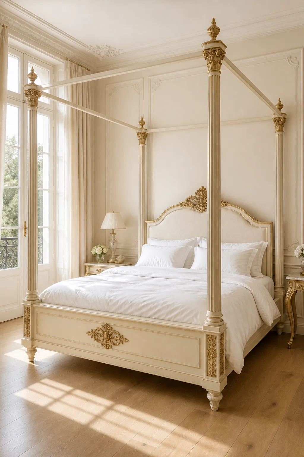 Elegant ivory upholstered bed accented with French-inspired gold detailing