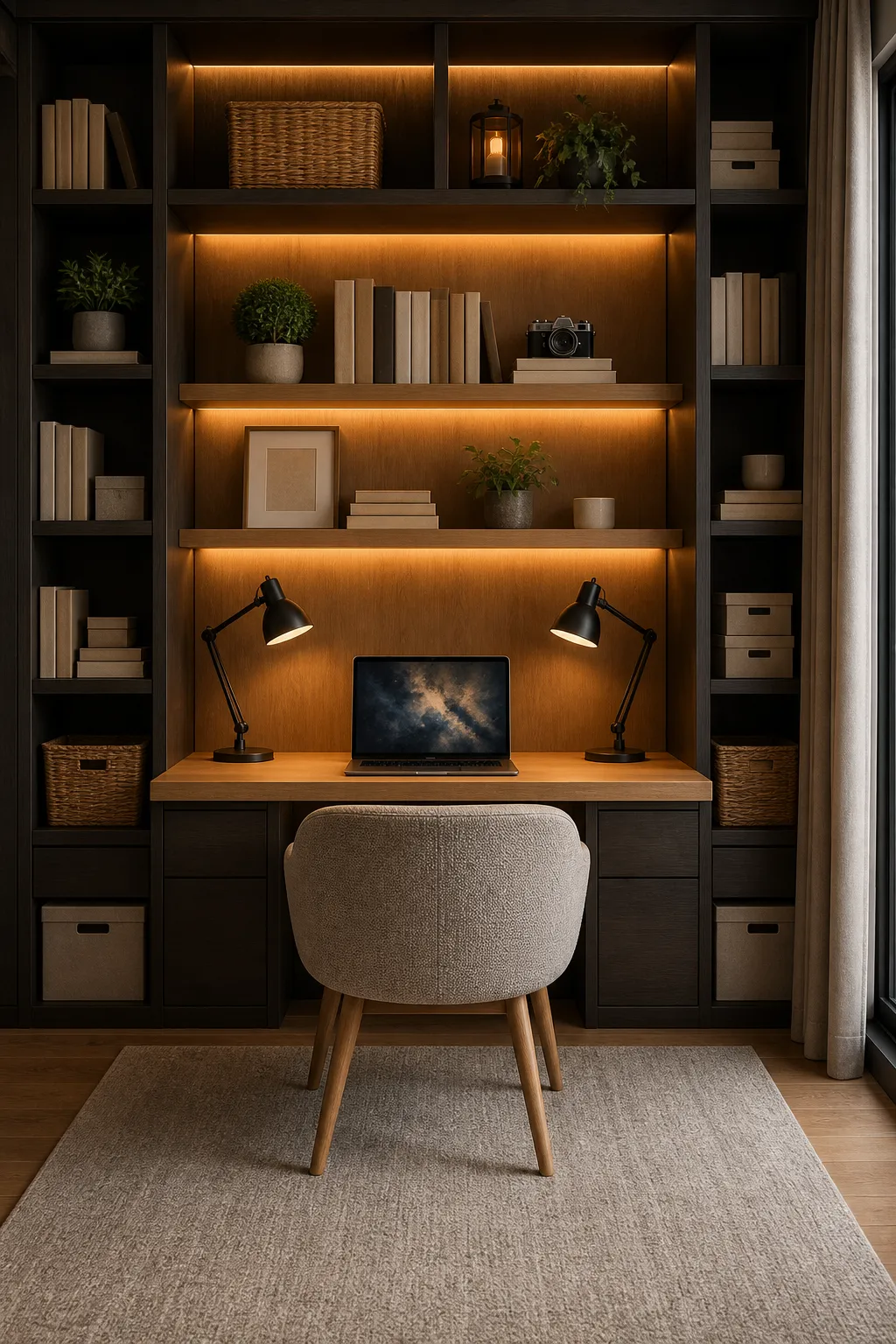 Cozy home workspace fitted into an alcove surrounded by library shelving