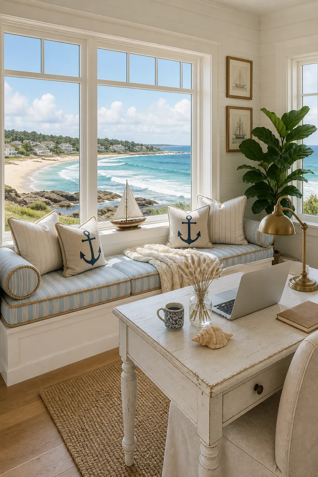 Relaxed coastal home office featuring a light-filled window seat