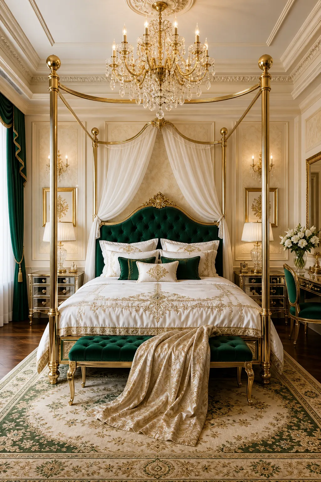 Luxurious emerald green bedroom enriched with gleaming gold accents