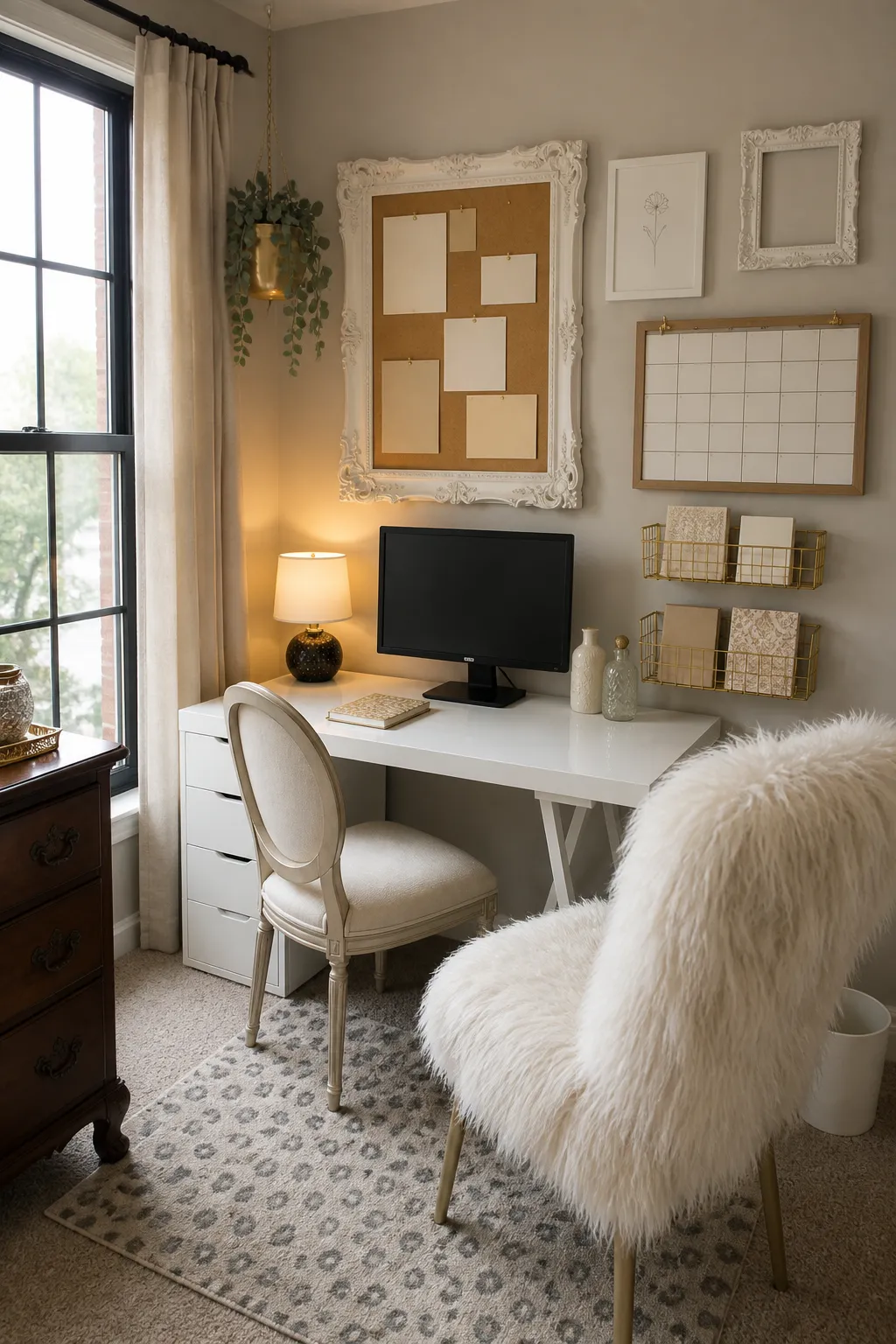 Comfortable compact home office arranged in the corner of a bedroom
