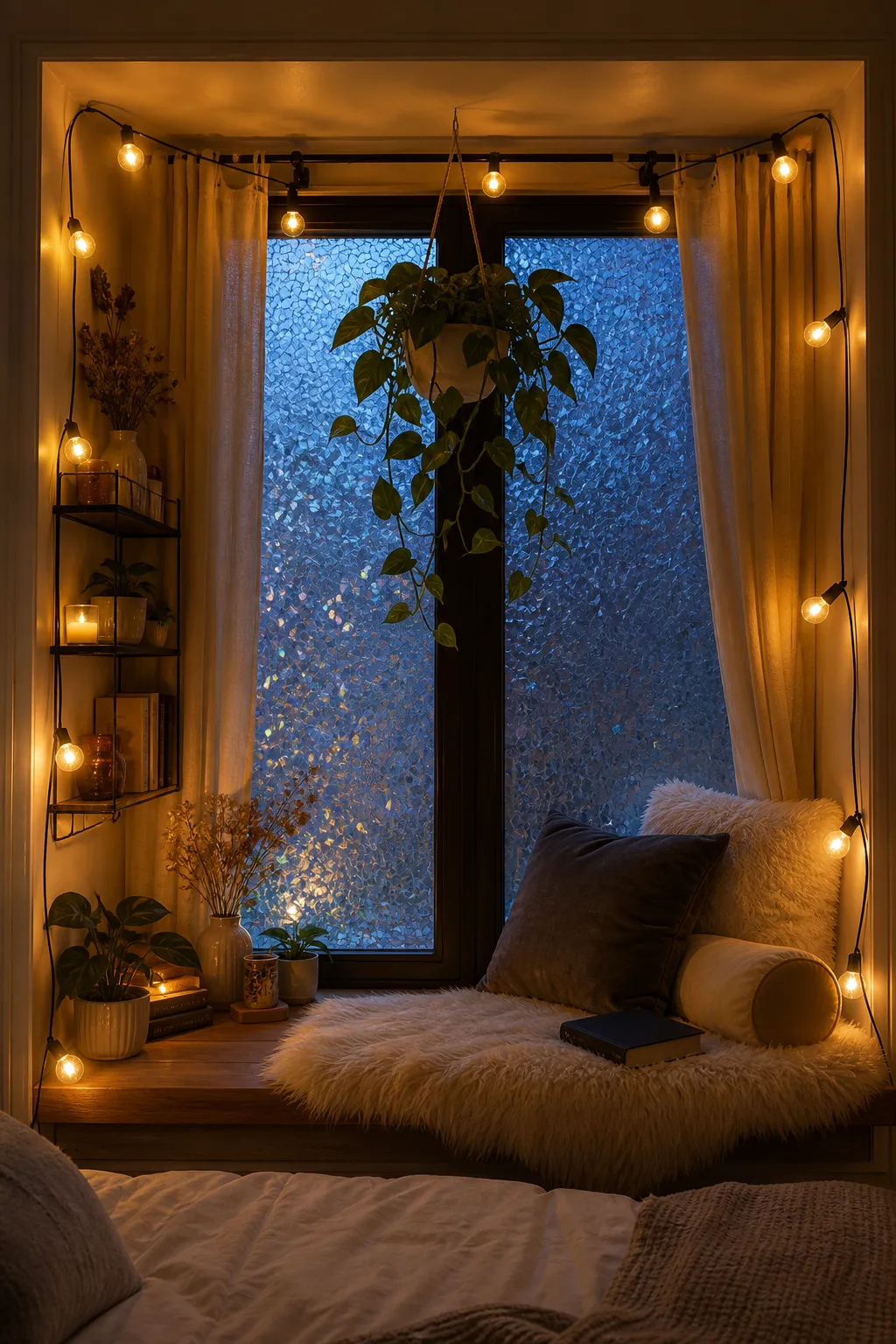 Boho bedroom window nook glowing beneath delicate string lights