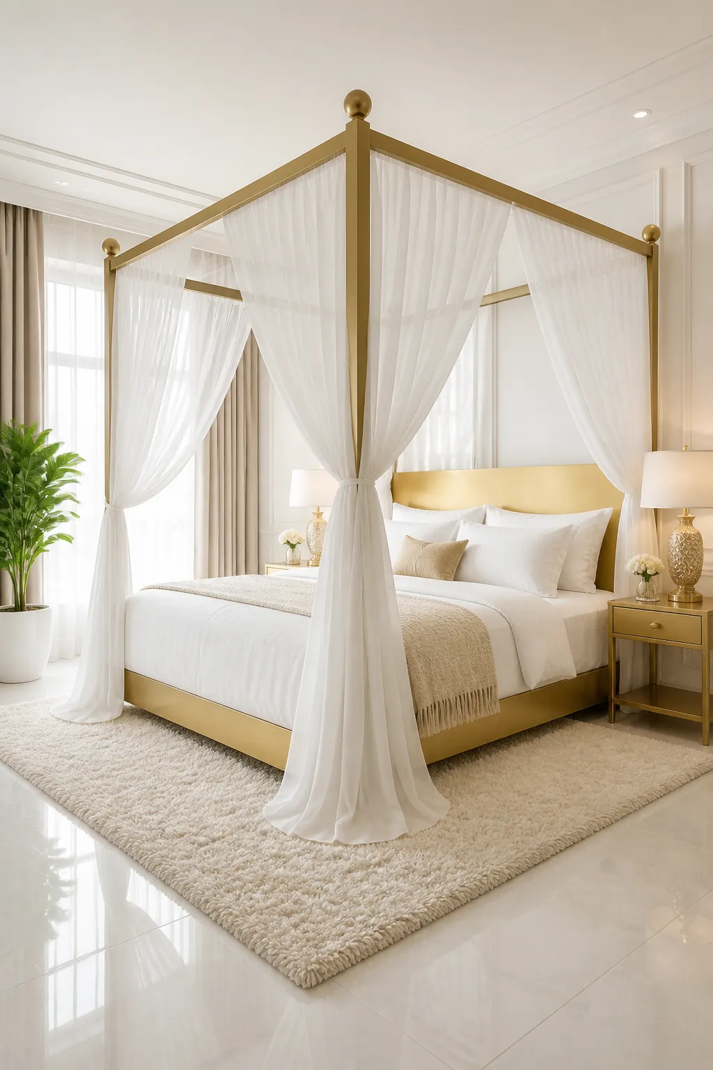 Minimal gold canopy bed draped with sheer white curtains