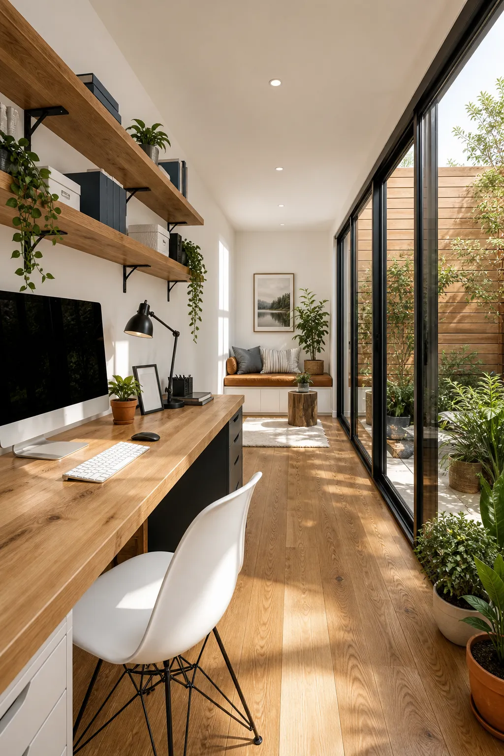 Sunny narrow room divided into distinct home office and lounge areas