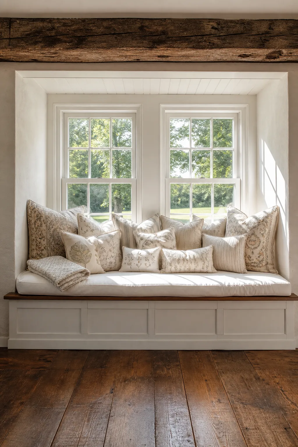 Sunlit farmhouse window bench styled with layered neutral pillows