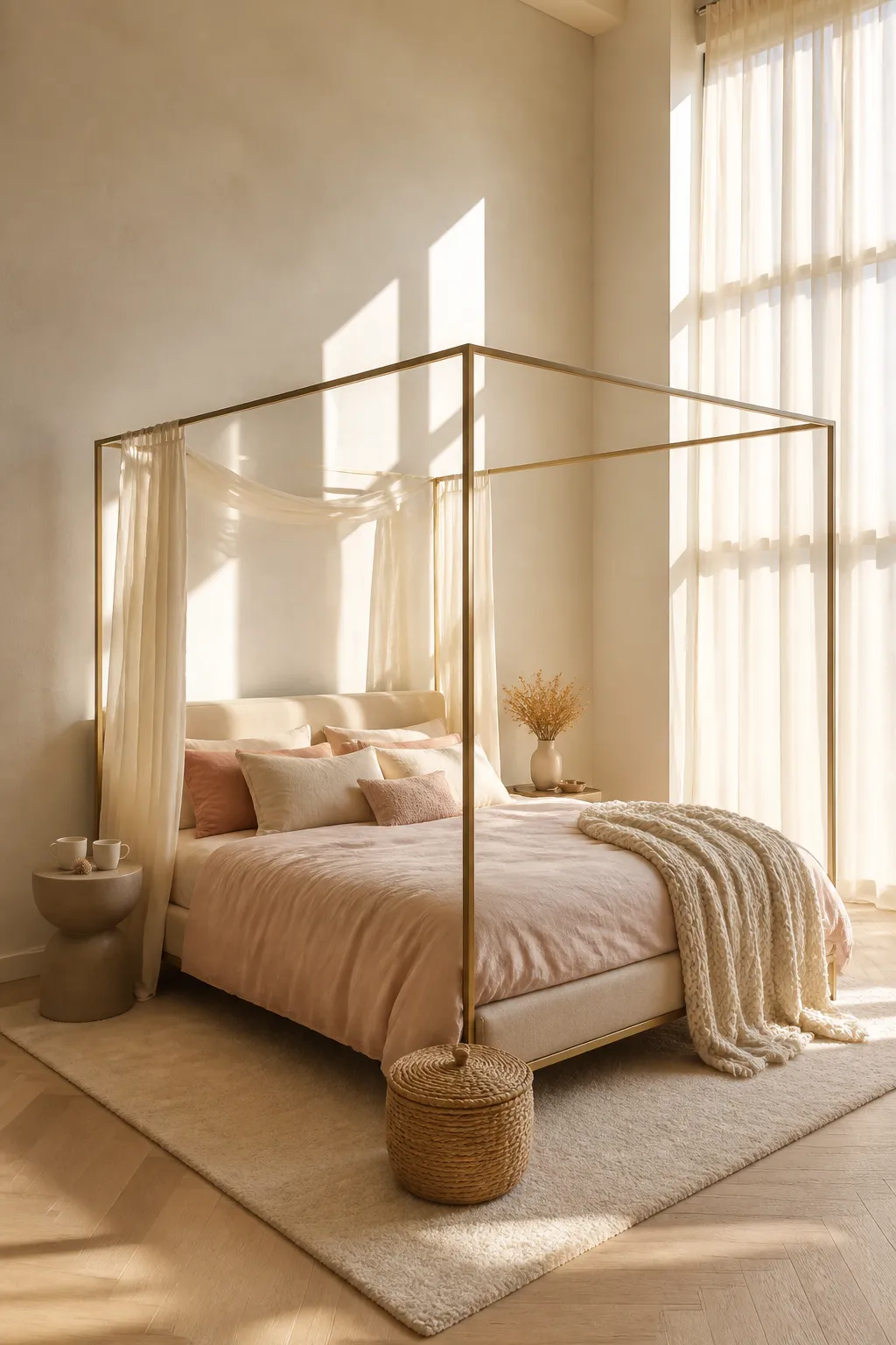 Serene modern bedroom filled with natural sunlight and minimal decor