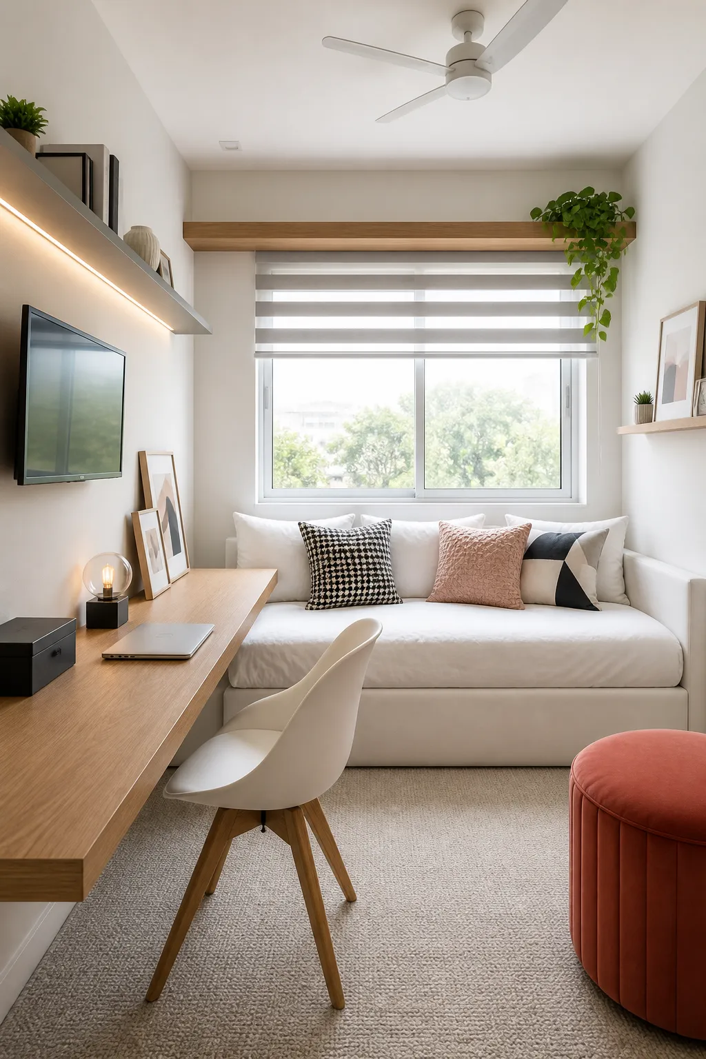 Bedroom office featuring a compact desk beside a space-saving daybed