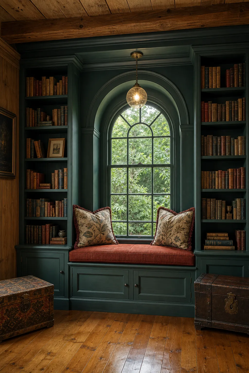 Arched window seat framed by dramatic teal home-library shelves