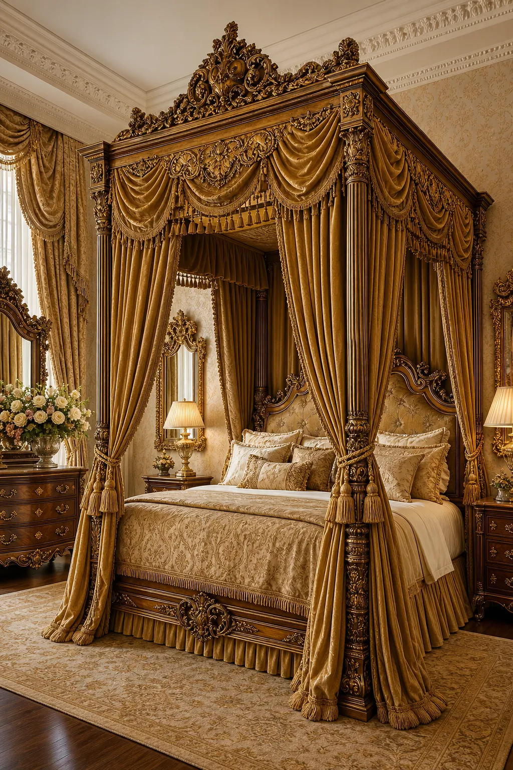 Regal bedroom centered on an elaborately carved old-world bed frame