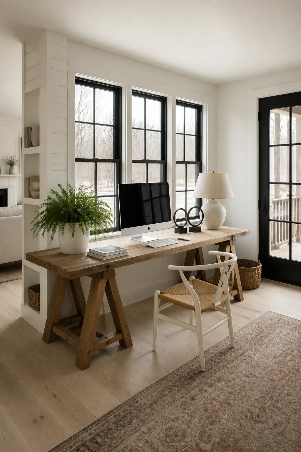 Warm wood trestle desk creating a visually light home office arrangement