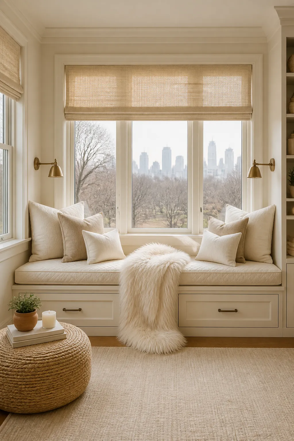 Elegant neutral window seat overlooking a city skyline