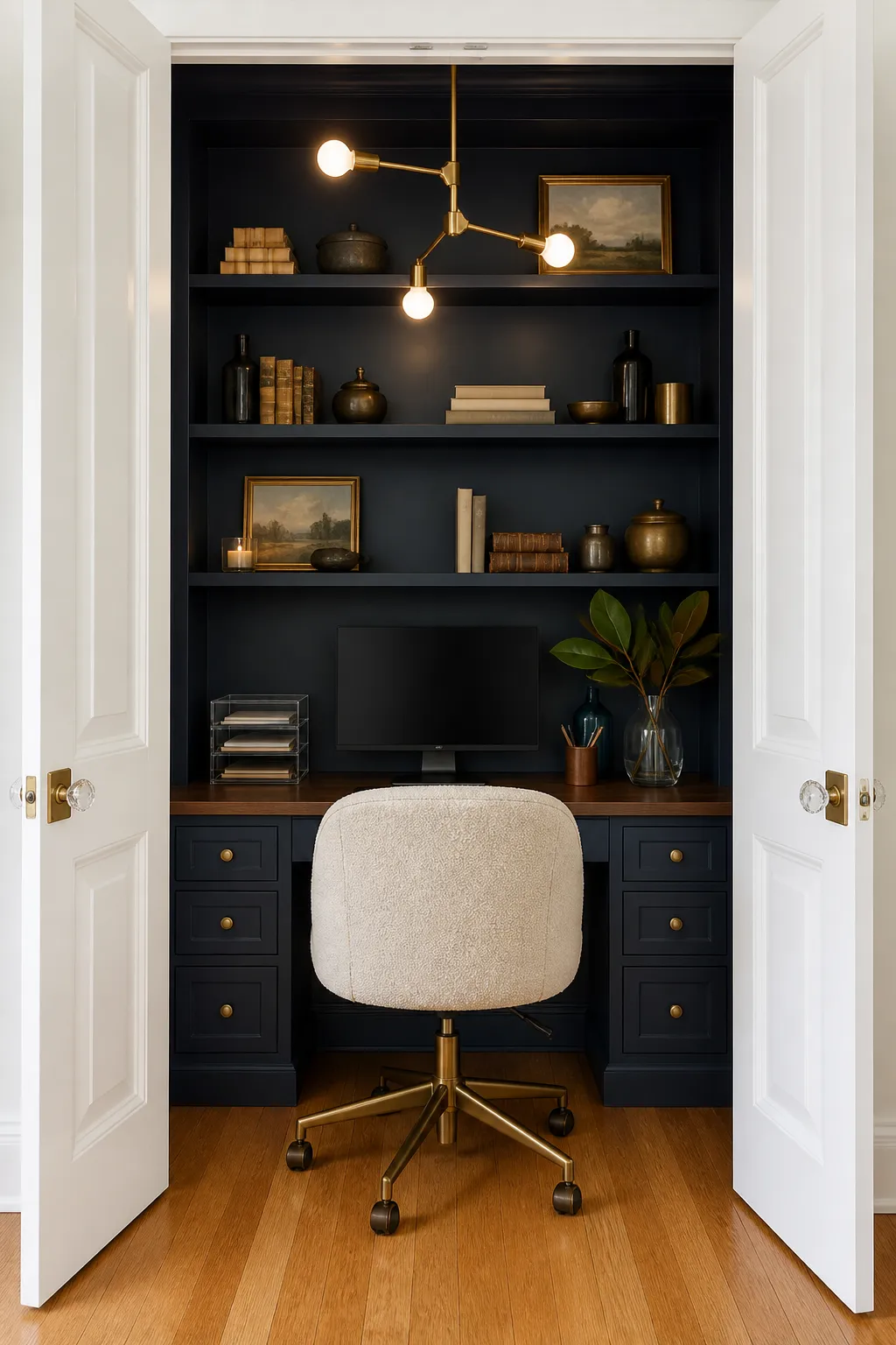 Closet converted into a chic built-in home workspace painted navy blue