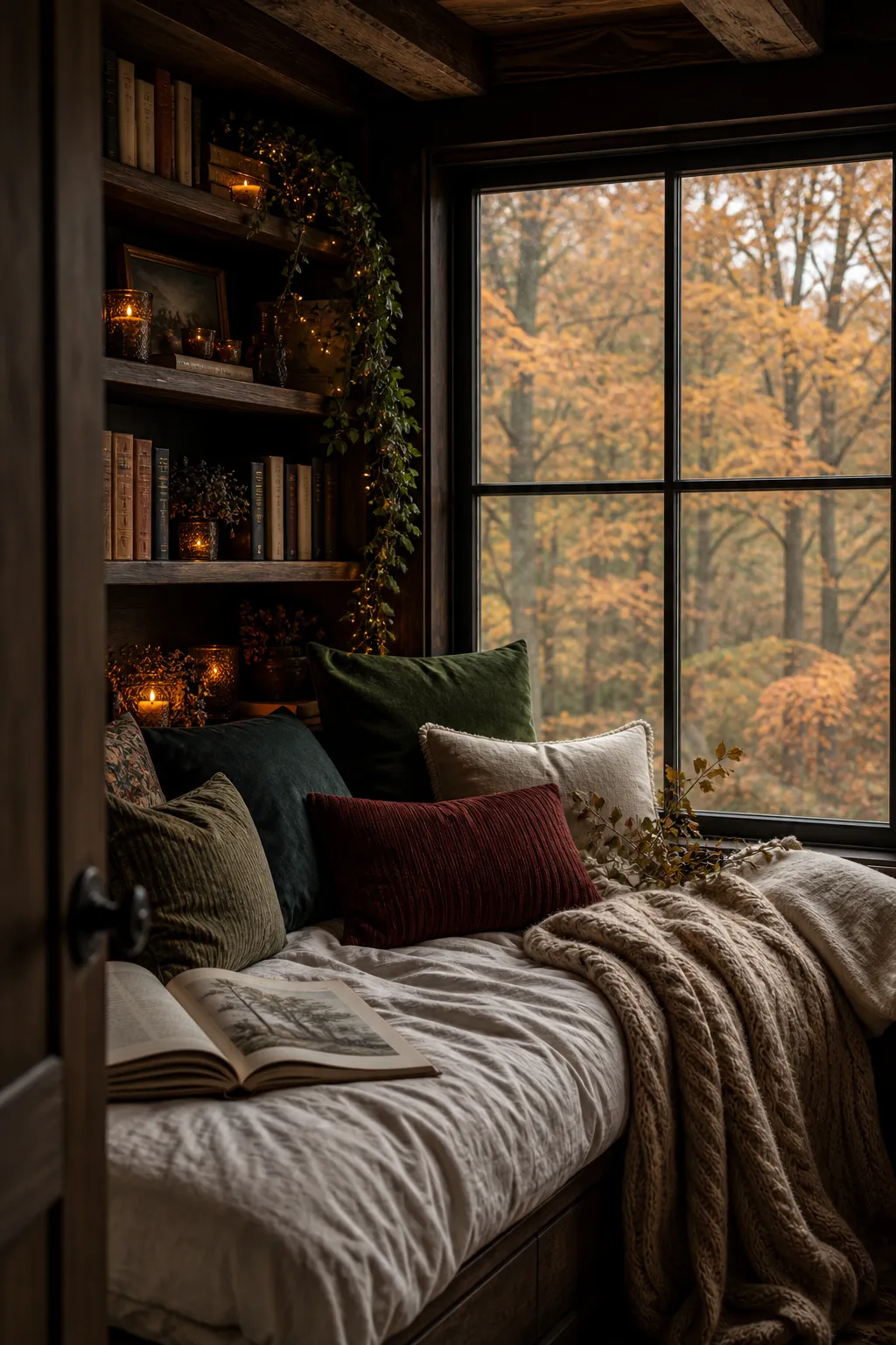 Moody reading nook decorated with deep rust and autumn-colored textiles