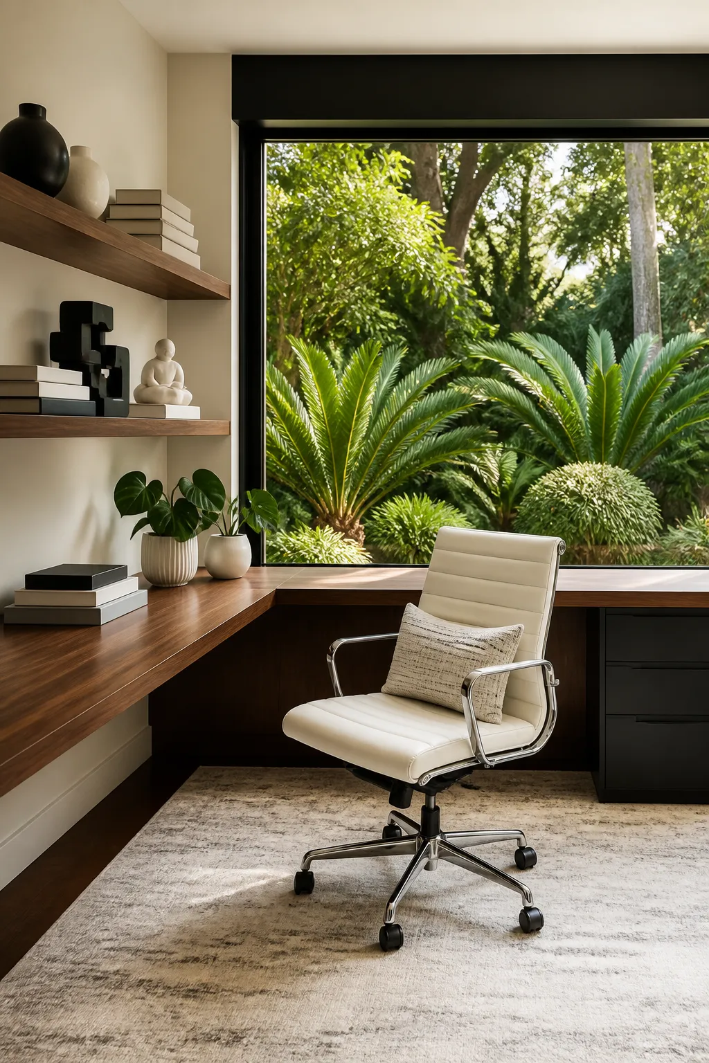 Corner desk positioned beside wide windows overlooking a panoramic garden