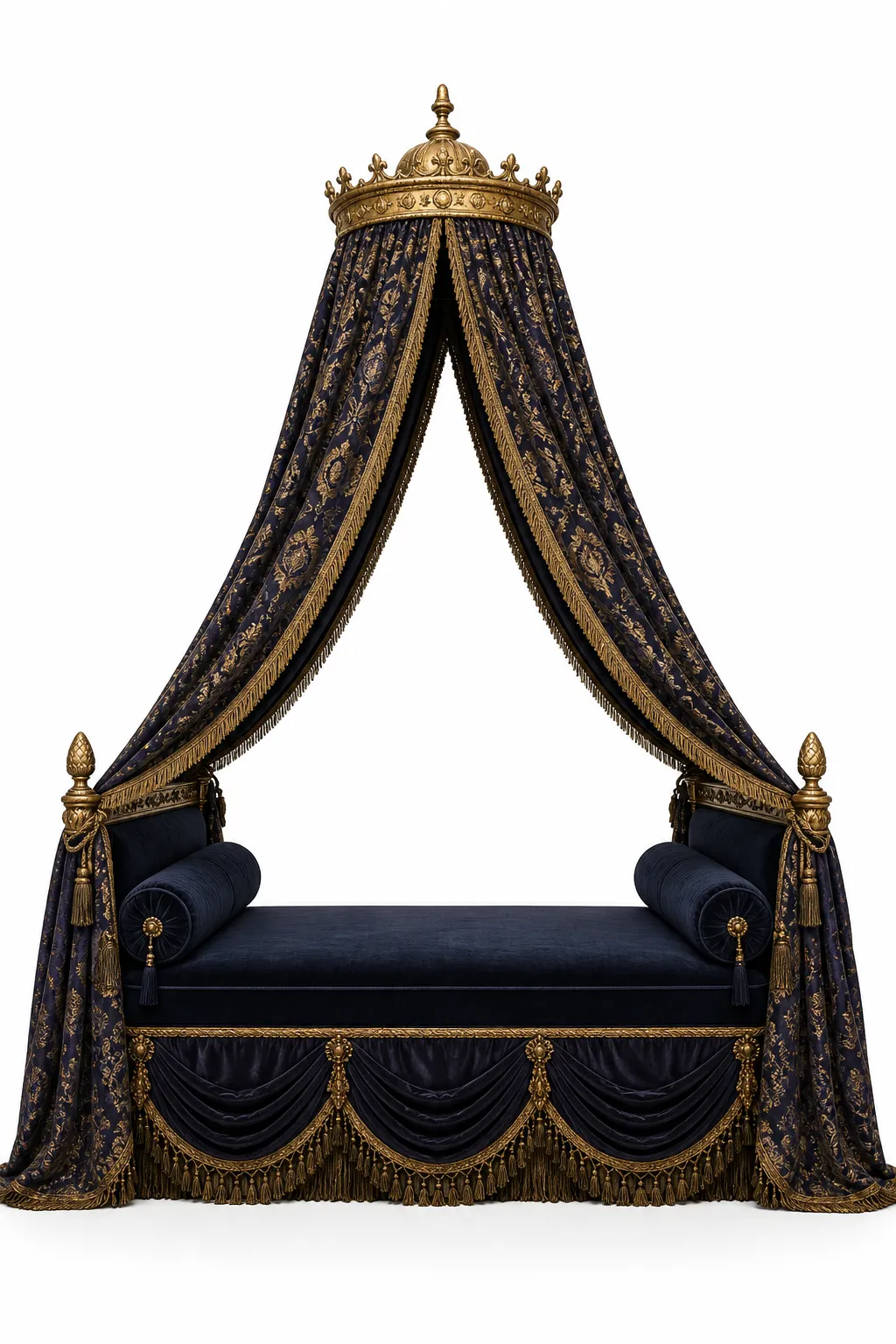 Blue-and-gold coronet daybed with dramatic draped fabric