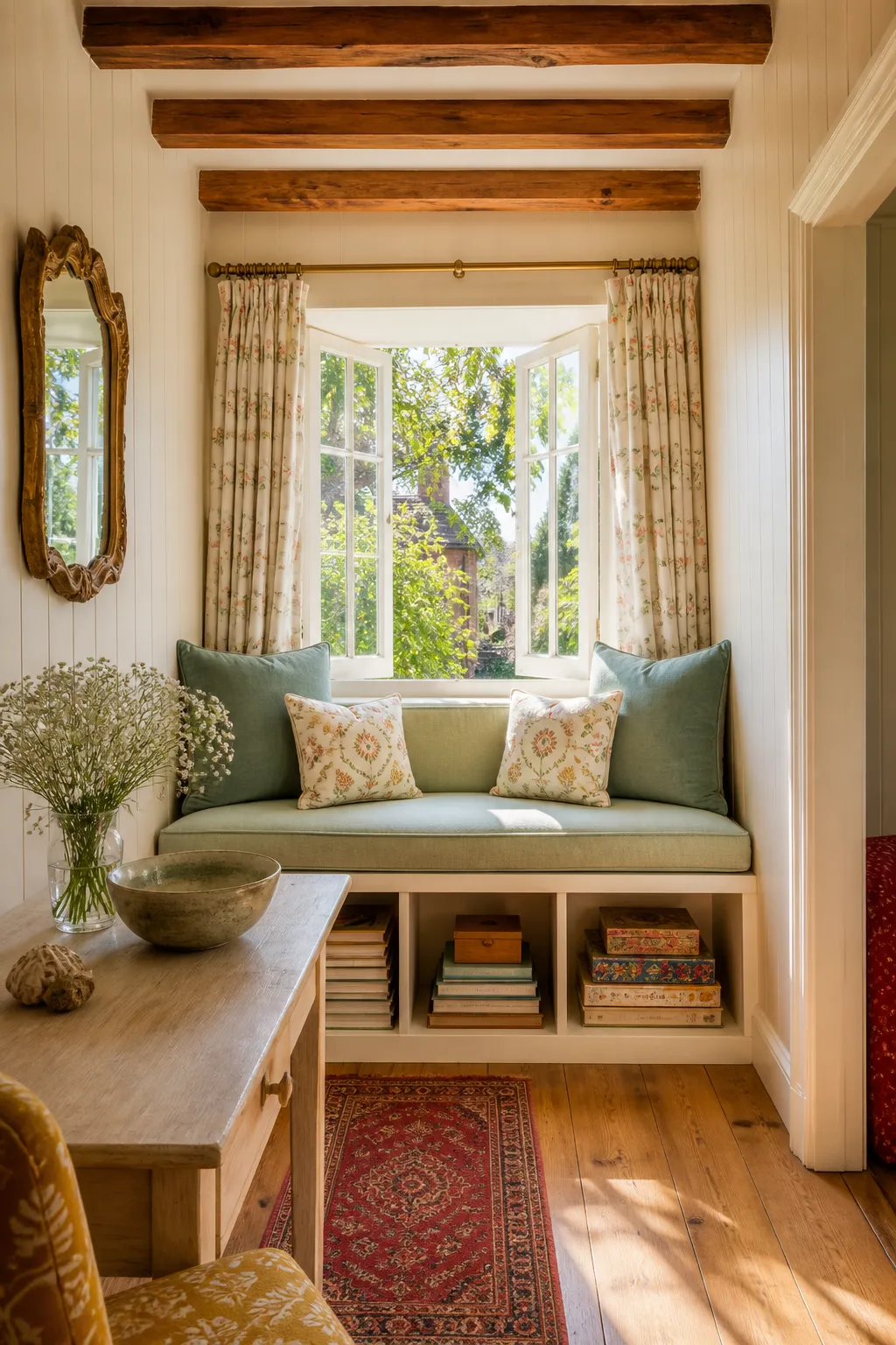 Cottage window surrounded by charming built-in drawers and cabinets