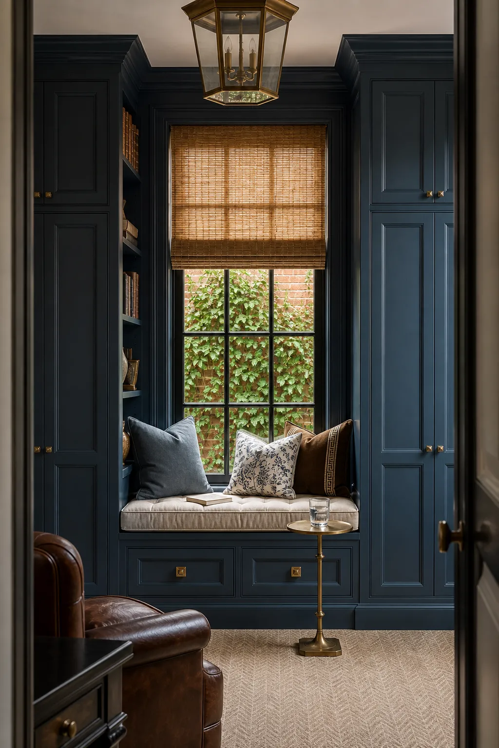 Window seat framed by elegant blue built-in library cabinets and shelving