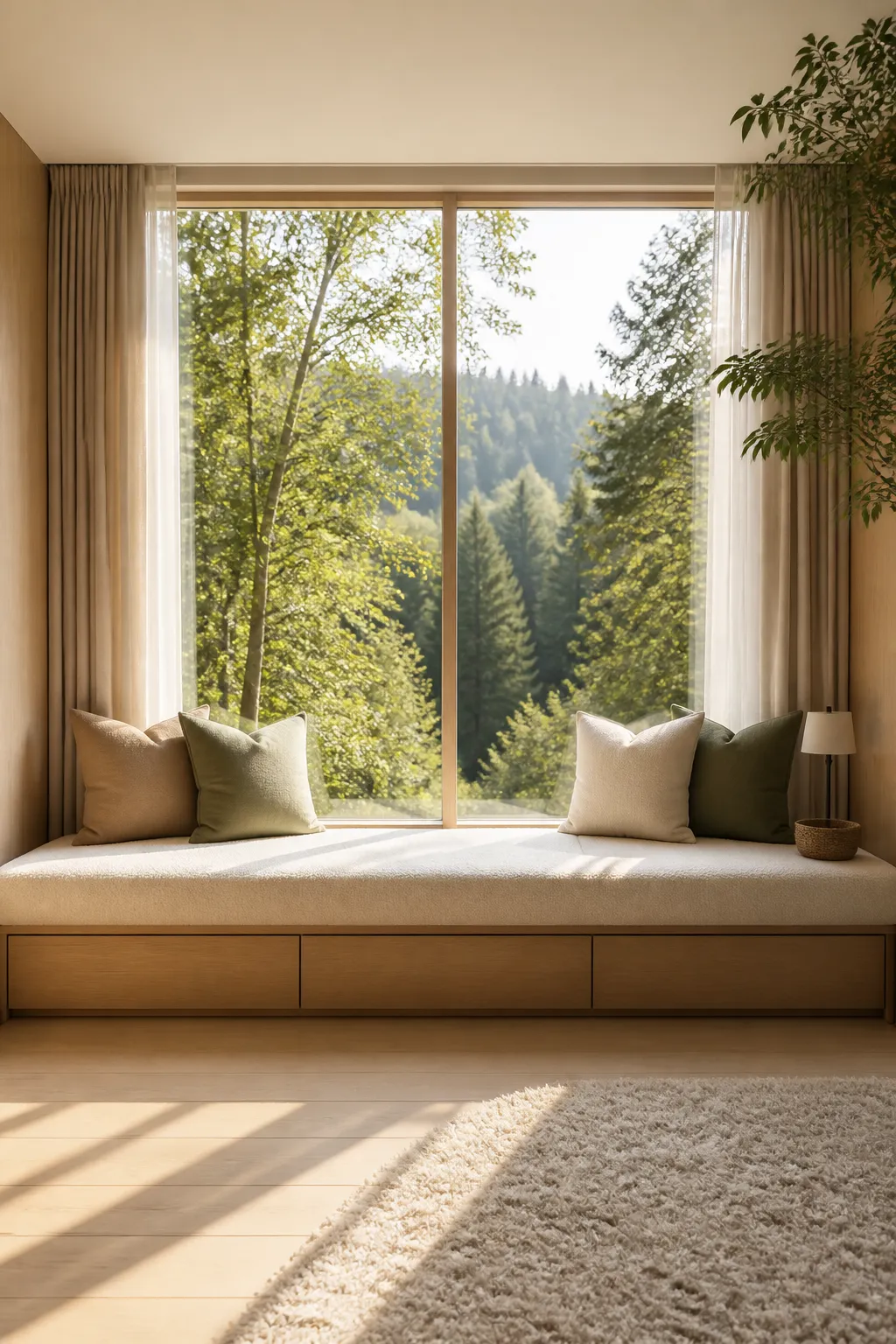 Minimal modern window seat overlooking a serene green forest
