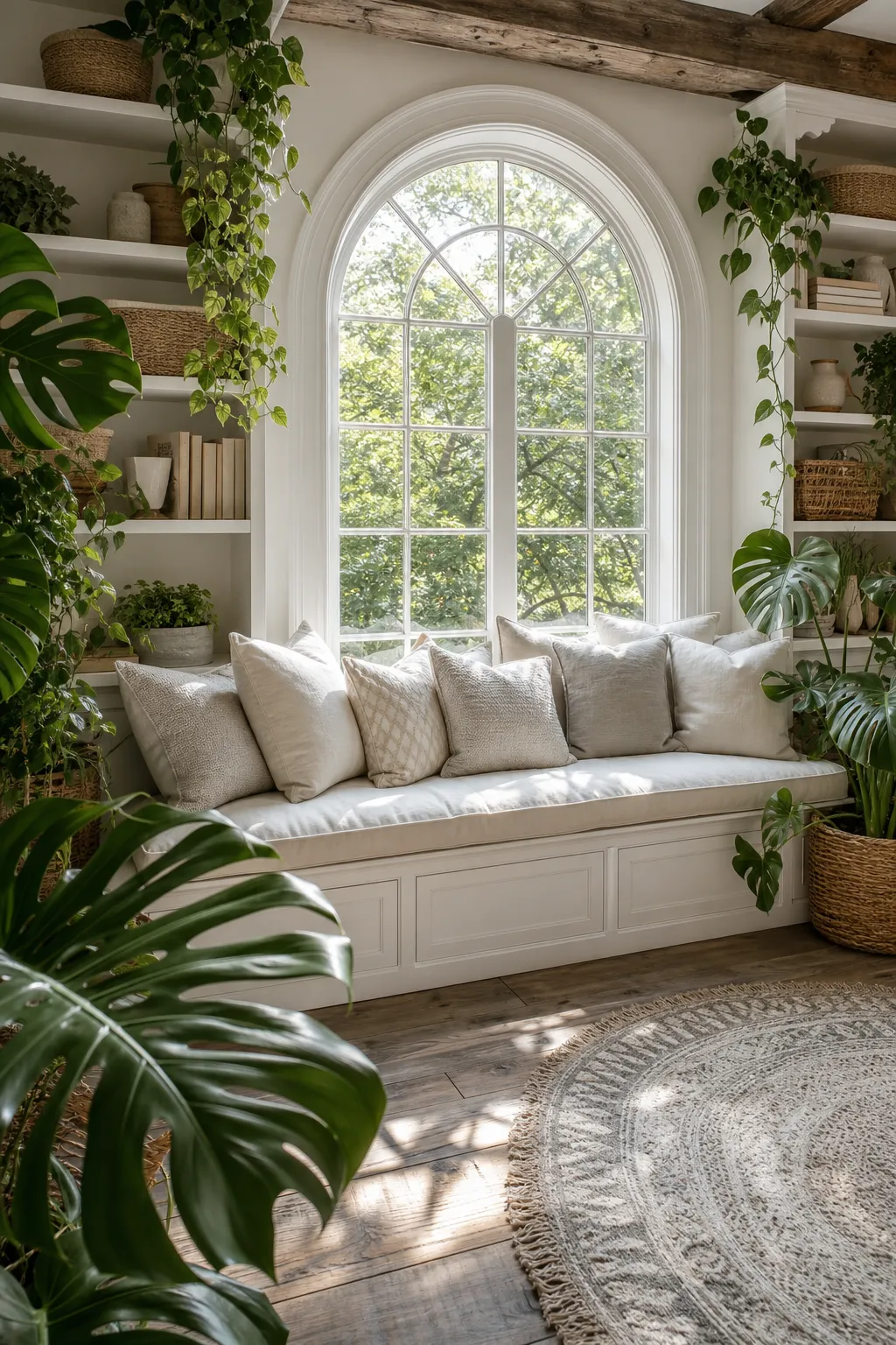 Arched window seat styled as a lush nook with leafy botanical accents