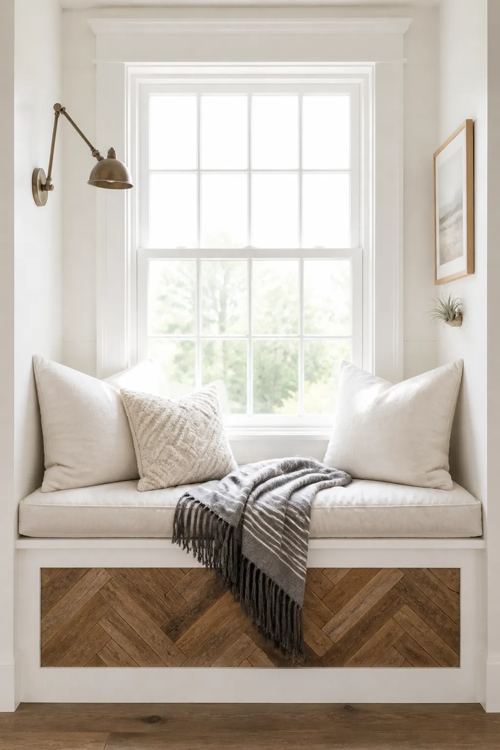 Bright white window bench with hidden storage and herringbone panel details
