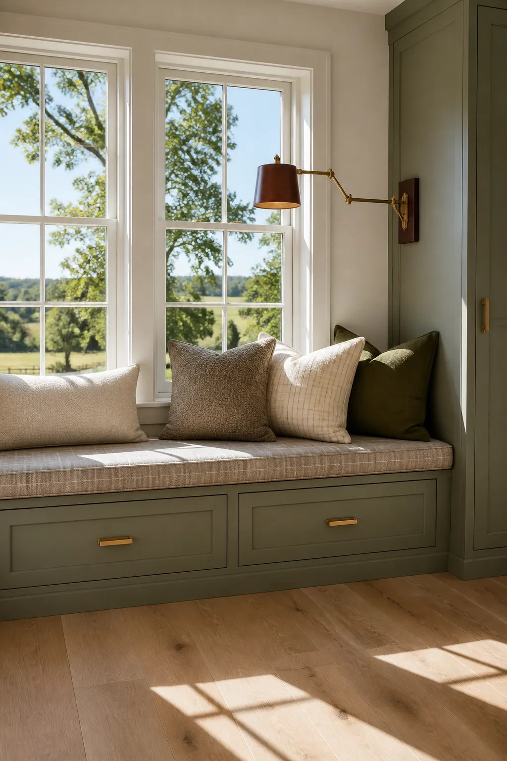 Window seat with sage green built-in drawers and soft neutral cushions