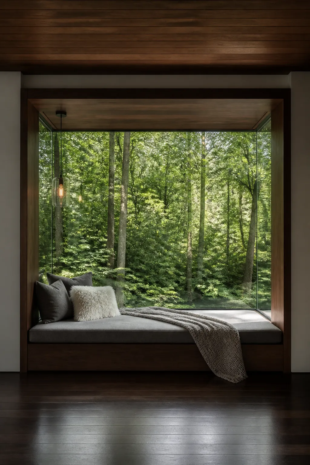 Modern walnut window nook with a wide view of the surrounding forest