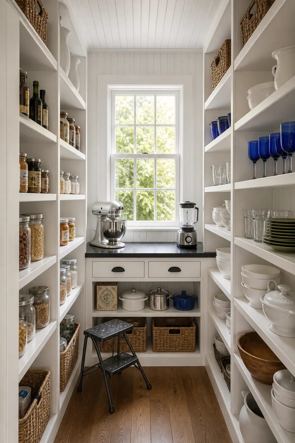 Narrow walk-in pantry with organized shelving along three walls