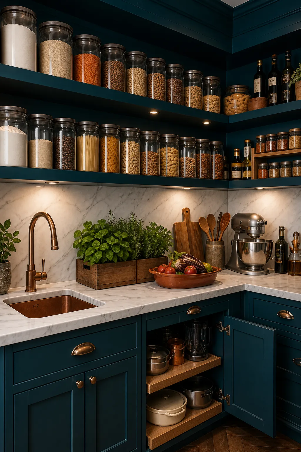 Teal butler-pantry cabinets paired with open shelves for everyday items