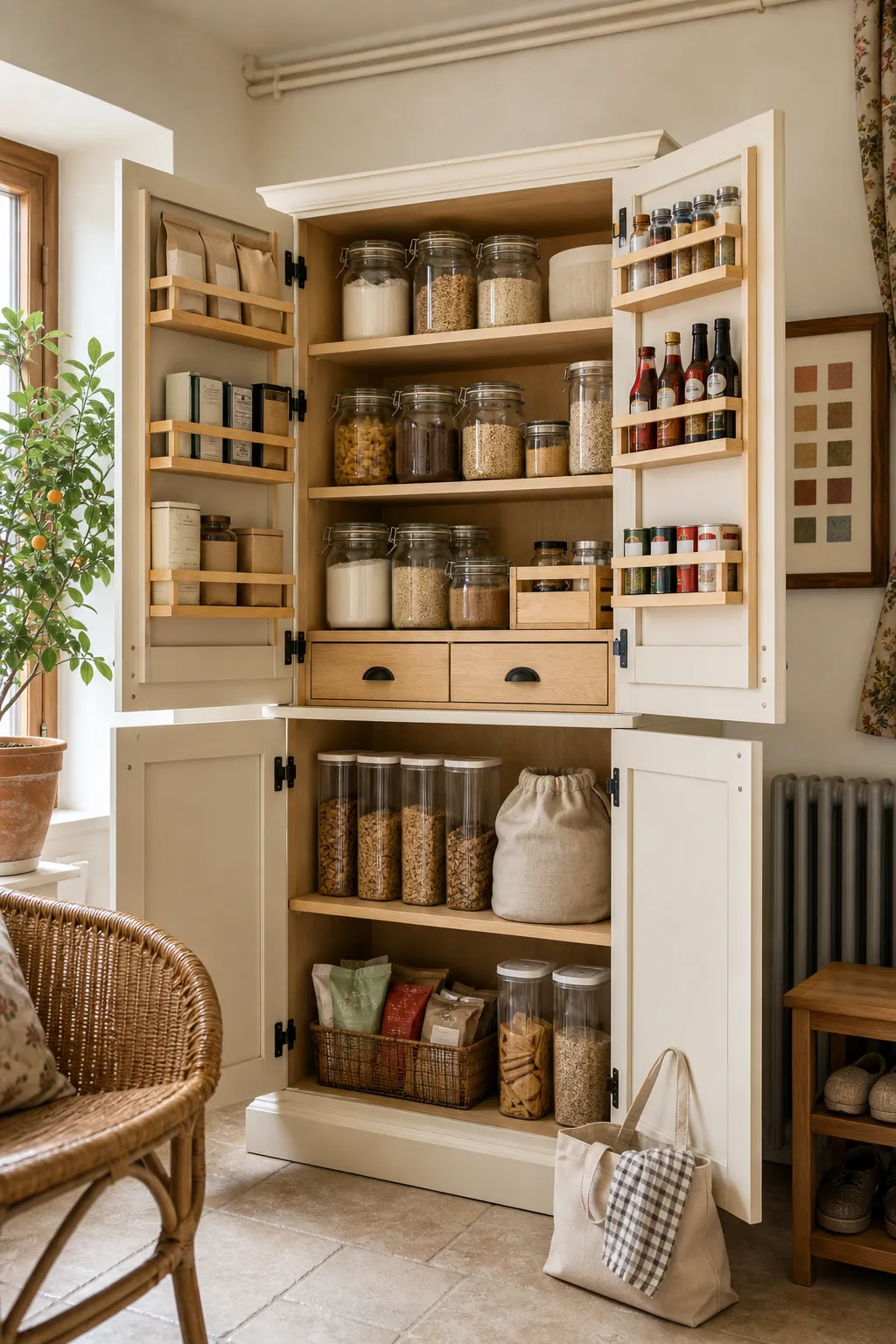 Freestanding pantry cabinet with storage racks mounted inside its doors