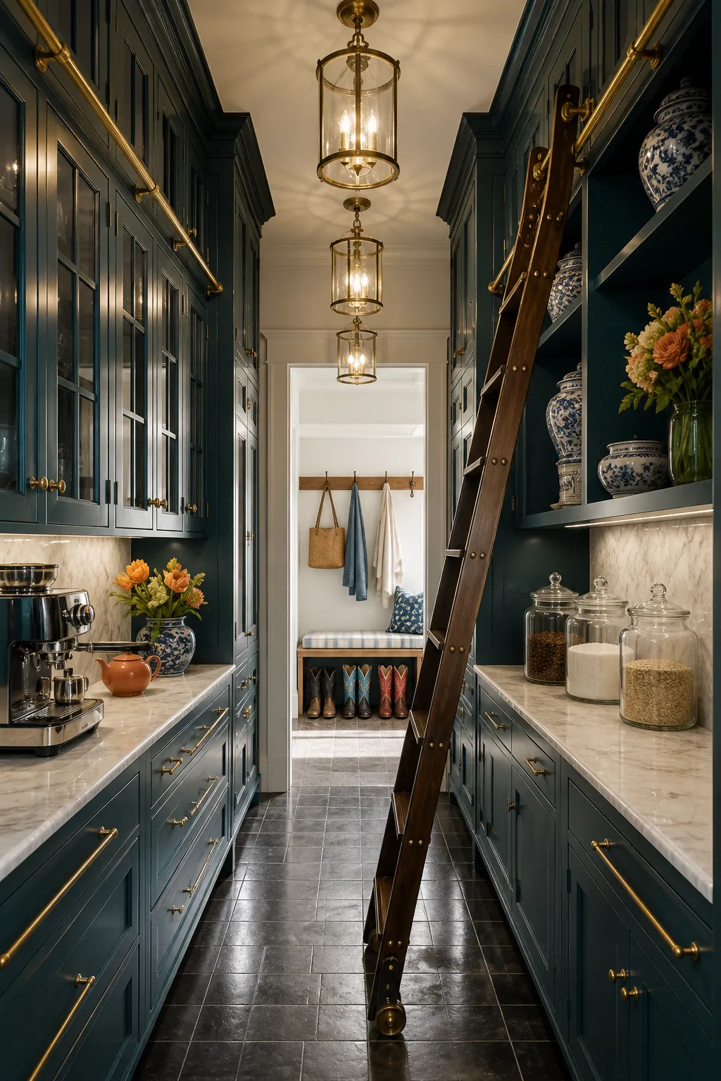Tall butler-pantry shelving accessed by a rolling library ladder