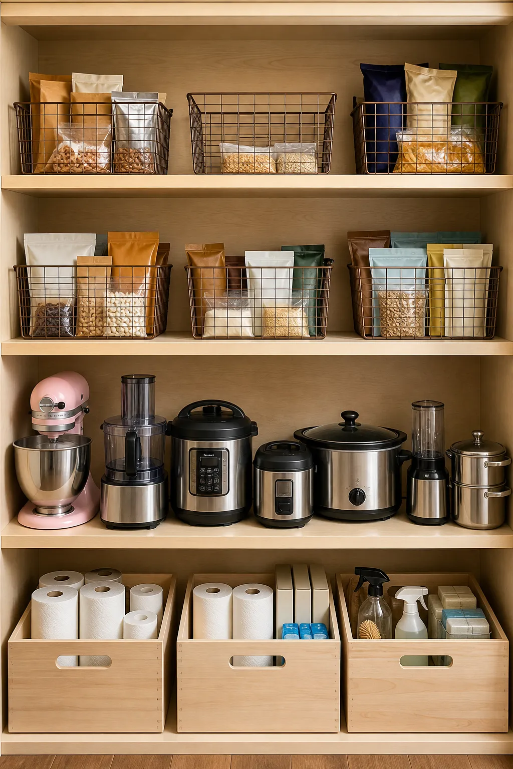 Pantry organized with labeled wire baskets and dedicated shelves for appliances